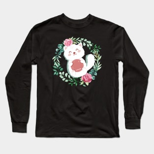 Cute Cat With Flowers and pink background Long Sleeve T-Shirt